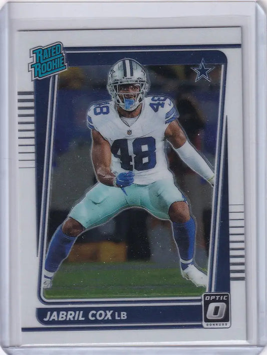 Football trading card of Jabril Cox Dallas Cowboys in defensive stance, Donruss Optic