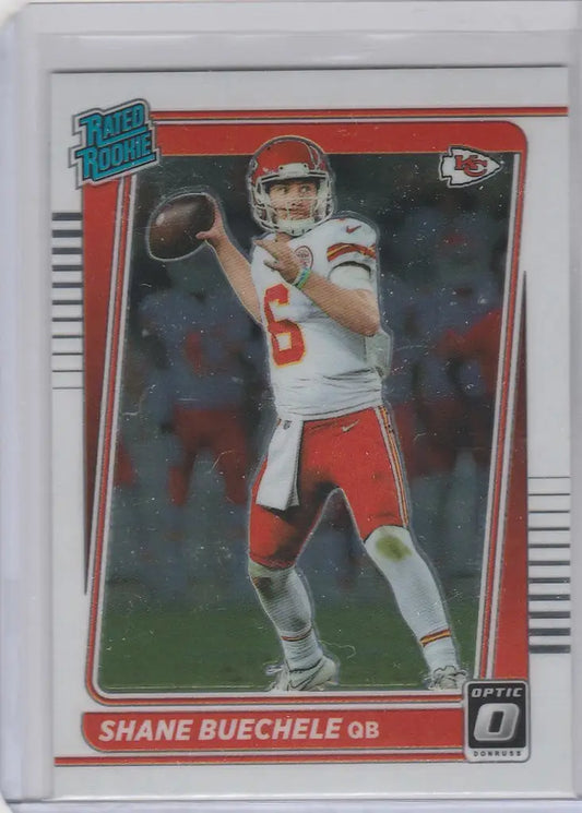 Football trading card of Shane Buechele in throwing stance for Kansas City Chiefs