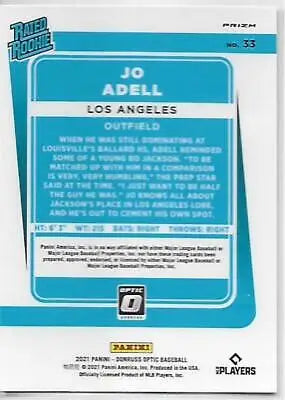 Baseball card back of 2021 Donruss Optic Jo Adell rookie with original gloss finish