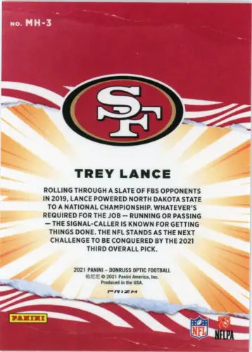 Trey Lance football card from Donruss Optic featuring San Francisco 49ers design