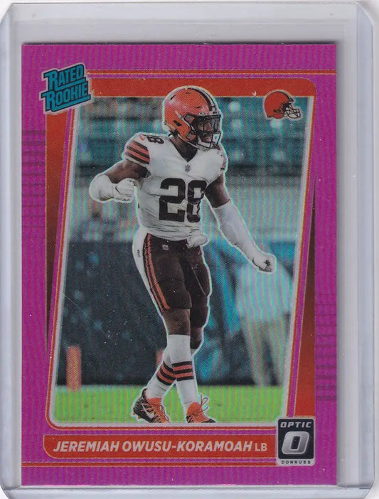 Football trading card of Jeremiah Owusu-Koramoah in Donruss Optic Pink Prizm