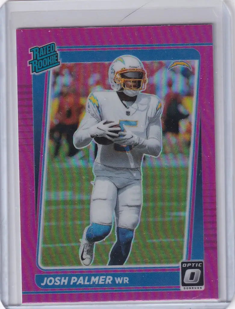 Football trading card of Josh Palmer in a white uniform from Donruss Optic Prizm Pink