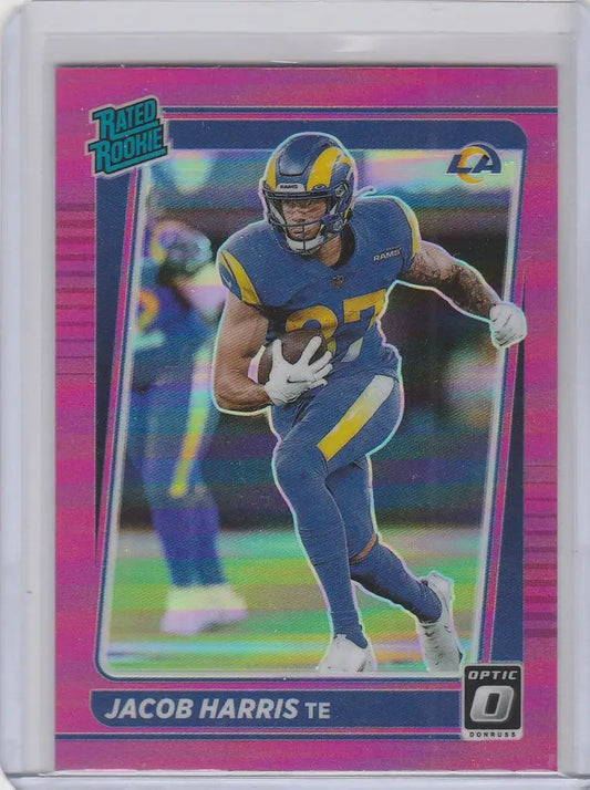 Football trading card of Jacob Harris in blue and yellow uniform from Donruss Optic Prizm