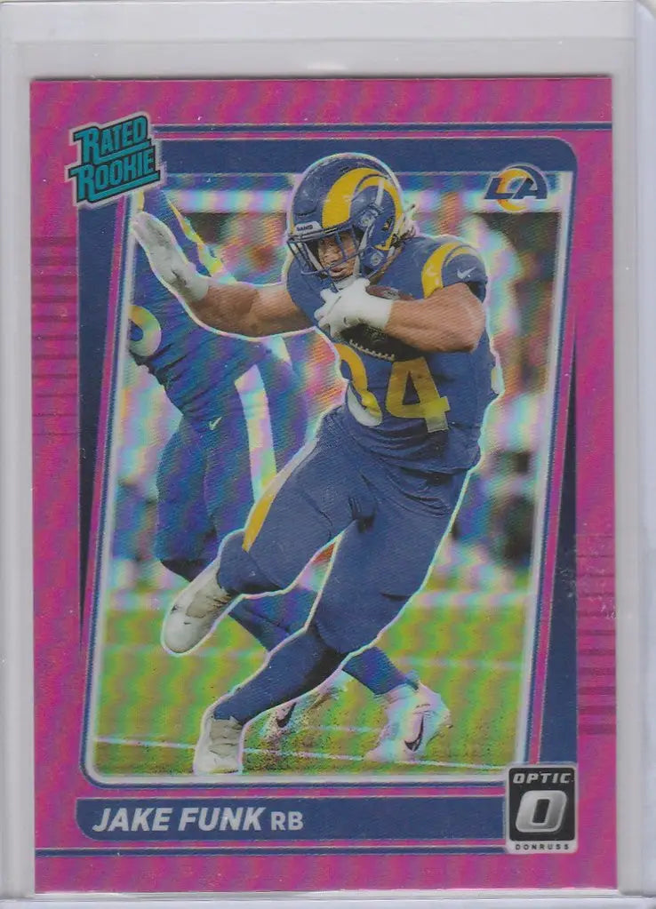 Football trading card of Jake Funk in action with Donruss Optic Prizm Pink design