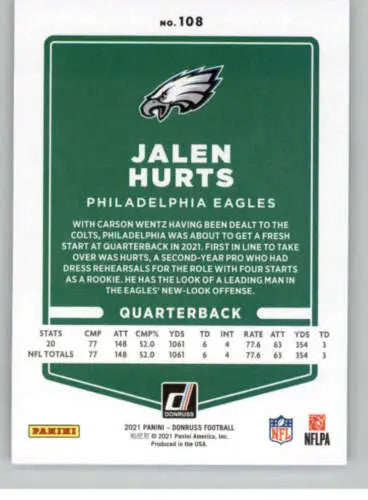 2021 Donruss Photo Variation #108 Jalen Hurts NM-MT Eagles card with original gloss