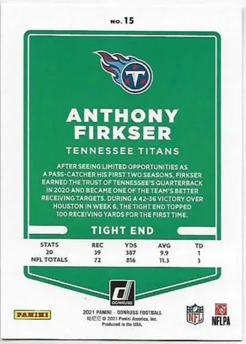 Anthony Firkser football card from 2021 Donruss Press Proof Red NM-MT Titans original gloss