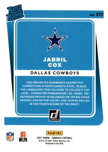 Jabril Cox 2021 Donruss Press Proof Red rookie card with original gloss from Cowboys