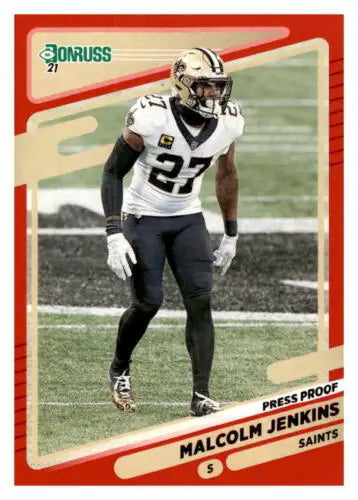 Malcolm Jenkins football card featuring original gloss from 2021 Donruss Press Proof Red