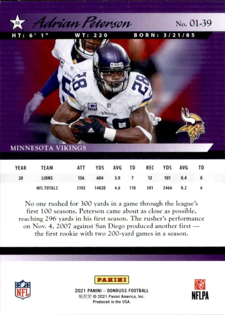 Adrian Peterson Minnesota Vikings football card from 2021 Donruss Retro 2001 set