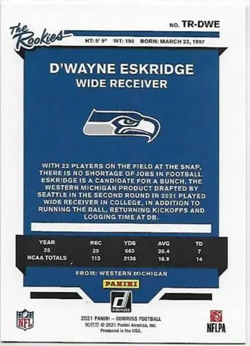 D’Wayne Eskridge 2021 Donruss The Rookies football card in original gloss condition