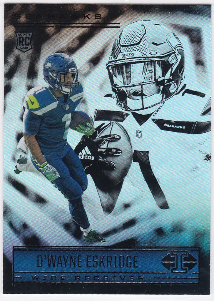 Football trading card of D’Wayne Eskridge RC Seattle Seahawks in blue and green uniform