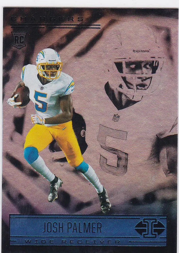 Football trading card of Josh Palmer RC Los Angeles Chargers in light blue and yellow