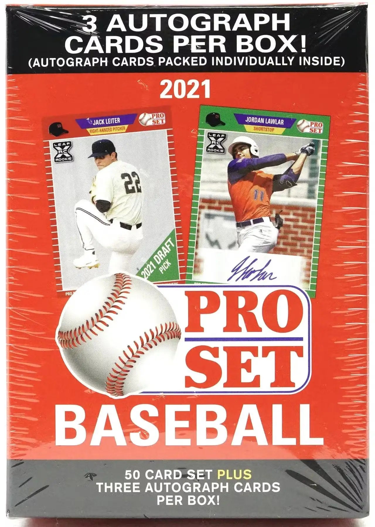 2021 Leaf Pro Set Baseball Blaster Box with 50 trading cards and 3 autograph cards