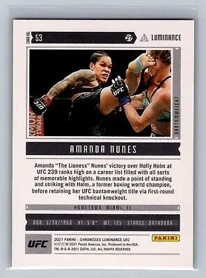 Amanda Nunes trading card from 2021 Luminance UFC #53 available at flat rate pricing