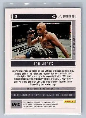 Jon Jones trading card from 2021 Luminance UFC set featuring UFC star Jon Jones