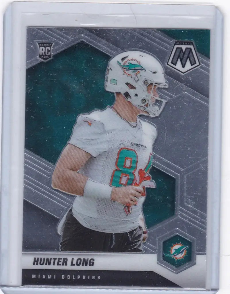 Football trading card of Hunter Long RC Miami Dolphins in white uniform and helmet