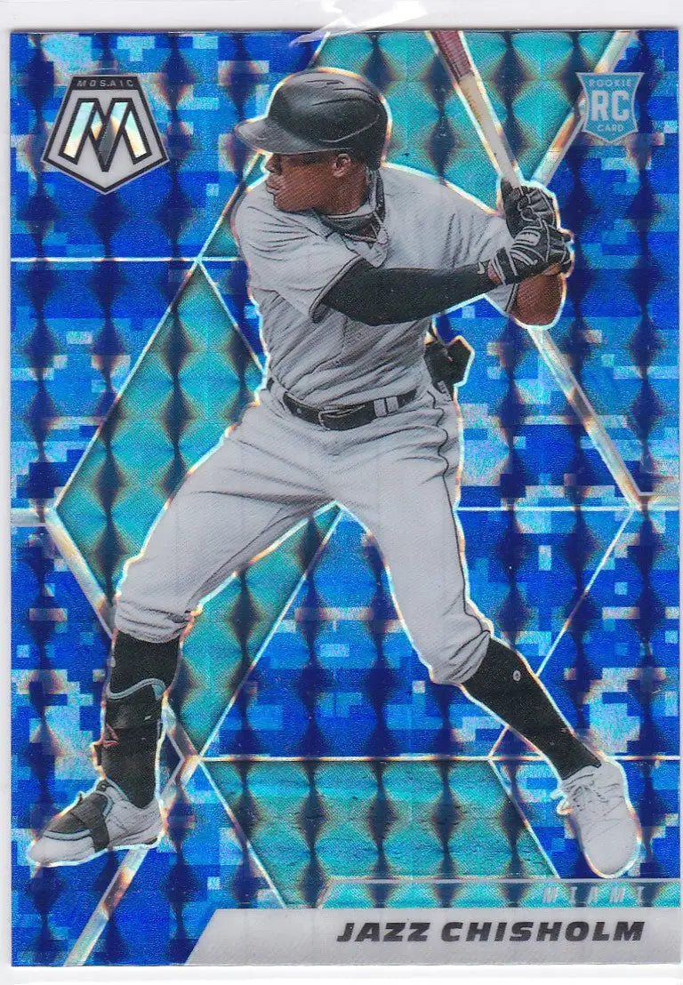 Baseball trading card of Jazz Chisholm Jr in batting stance on Mosaic Blue Prizm background