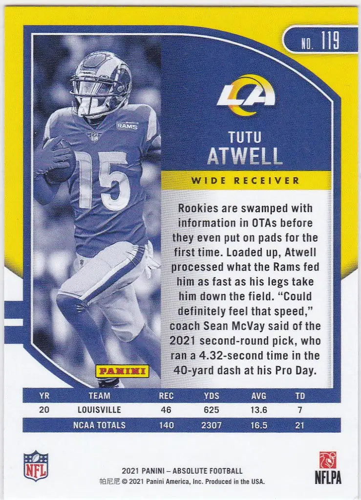 Football player trading card of Tutu Atwell, wide receiver for Los Angeles Rams, Panini Absolute