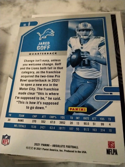 Jared Goff football card from 2021 Panini Absolute featuring Detroit Lions star