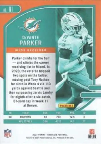 DeVante Parker football card from 2021 Panini Absolute, Near Mint Dolphins original gloss