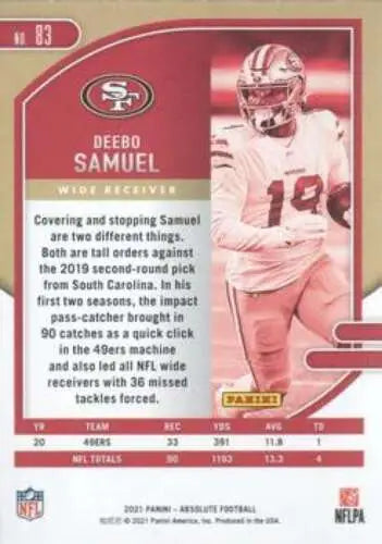 Deebo Samuel football card from 2021 Panini Absolute, original gloss, NM condition