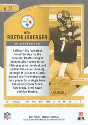 Ben Roethlisberger 2021 Panini Absolute football card with original gloss, Near Mint