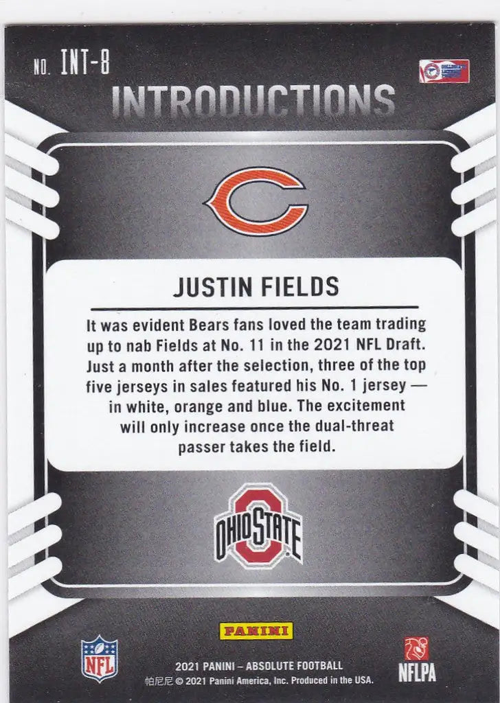 Football trading card showcasing Chicago Bears and Ohio State logos, Justin Fields Insert