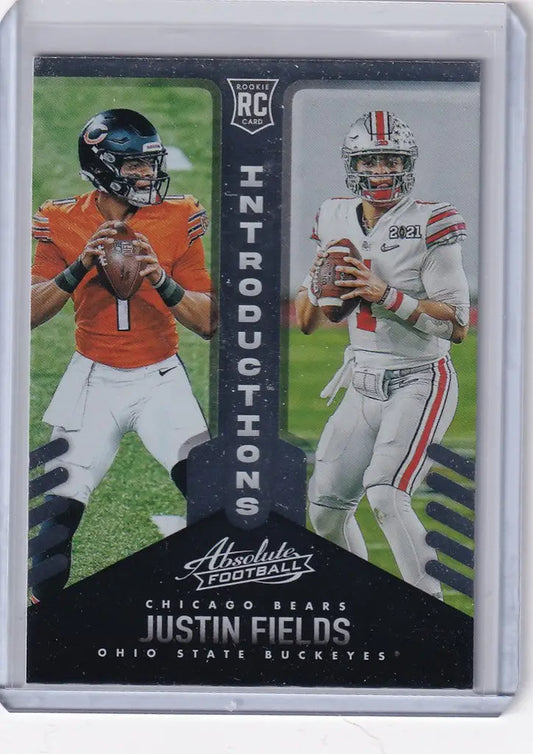 Football trading card of INT8 Justin Fields showcasing the Chicago Bears quarterback