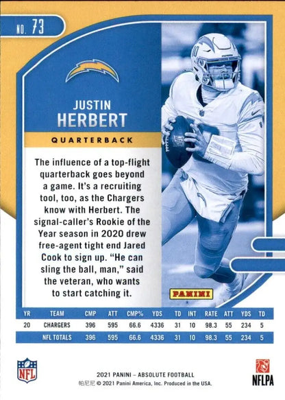 2021 Panini Absolute Justin Herbert football card from Los Angeles Chargers #73 NM