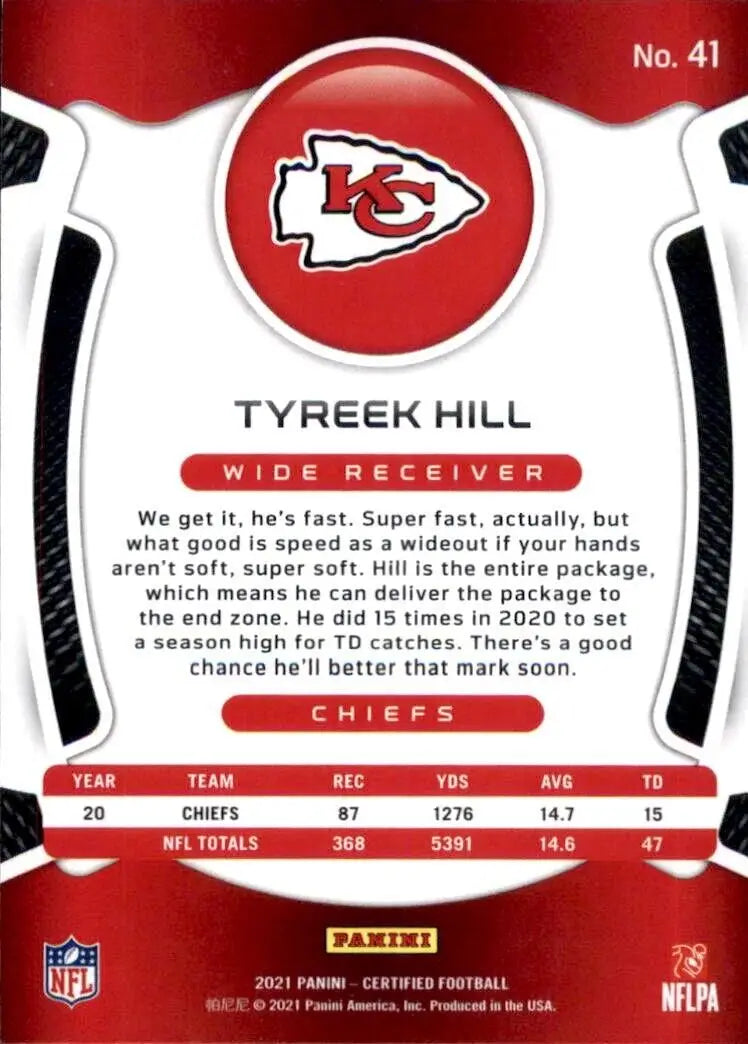 Certified Tyreek Hill Kansas City Chiefs NFL Football Card 2021 Panini Certified