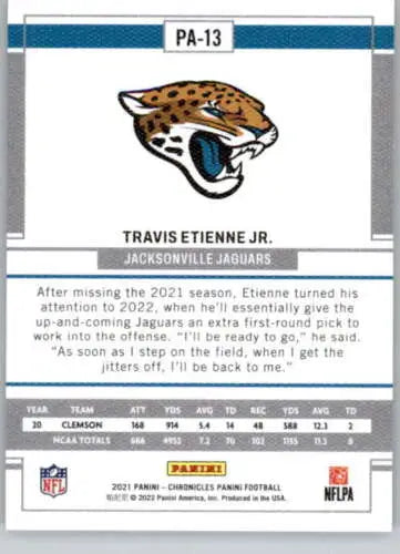 Football trading card featuring 2021 Panini Chronicles Panini #13 Travis Etienne Jr. NM-MT