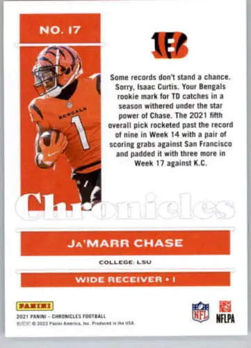 2021 Panini Chronicles #17 Ja’Marr Chase football card with original gloss and NM-MT quality