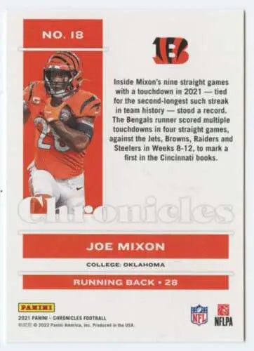 Joe Mixon football card from 2021 Panini Chronicles featuring original gloss finish