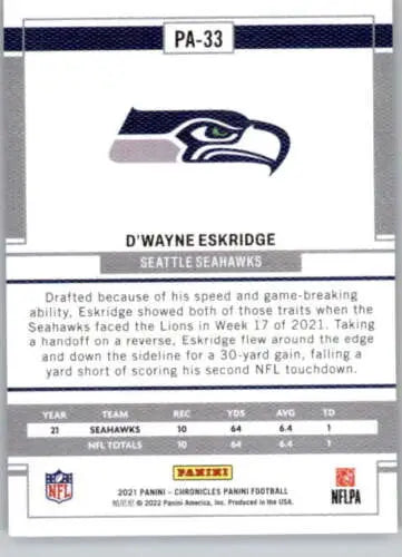 D’Wayne Eskridge football card from 2021 Panini Chronicles Panini with original gloss