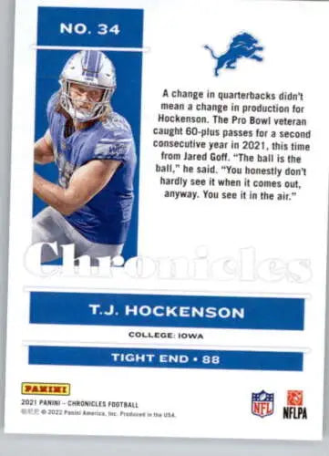 2021 Panini Chronicles #34 T.J. Hockenson football card with original gloss finish