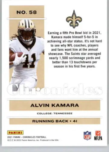 Alvin Kamara football card from 2021 Panini Chronicles featuring original gloss finish