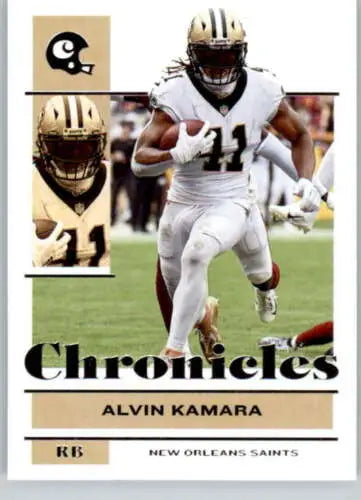 Alvin Kamara football card from 2021 Panini Chronicles featuring original gloss finish