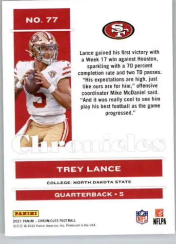 Trey Lance football card from 2021 Panini Chronicles with original gloss finish