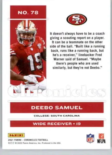 Deebo Samuel football card from Panini Chronicles 2021 with original gloss finish