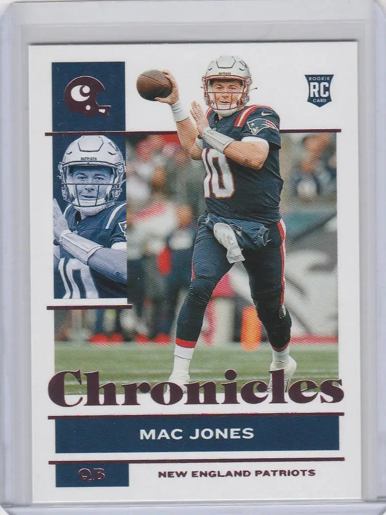 Football trading card of Mac Jones from Panini Chronicles, featuring New England Patriots