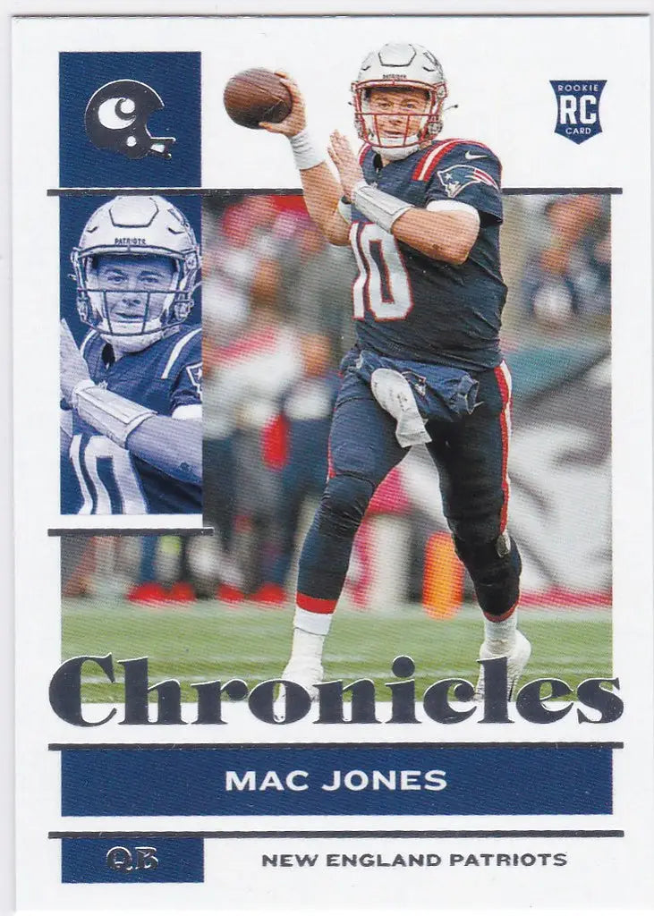 Football trading card of Mac Jones from Panini Chronicles, New England Patriots quarterback