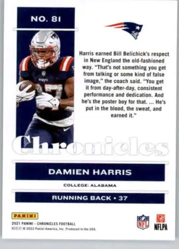 Damien Harris football card from 2021 Panini Chronicles with original gloss finish