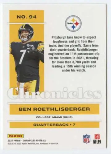 Ben Roethlisberger 2021 Panini Chronicles football card with original gloss finish