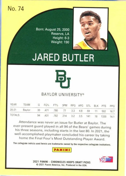 Jared Butler basketball card from 2021 Panini Chronicles Hoops Draft Picks Baylor Bears