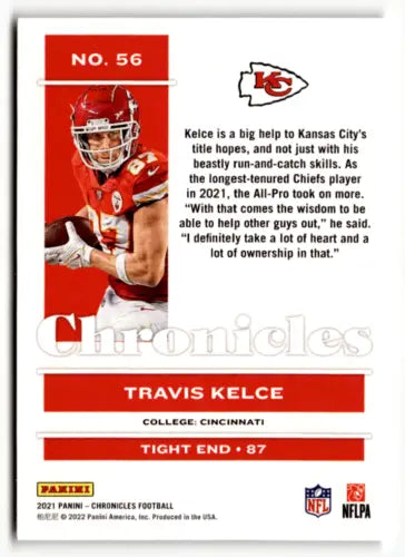 Football card back of 2021 Panini Chronicles Pink Travis Kelce with original gloss