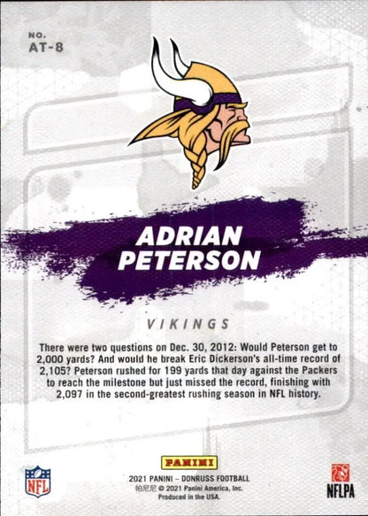 Football card back of 2021 Panini Donruss Adrian Peterson trading cards Minnesota Vikings