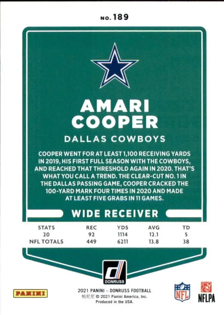 Amari Cooper Blue Dallas Cowboys NFL Football Card 2021 Panini Donruss #189