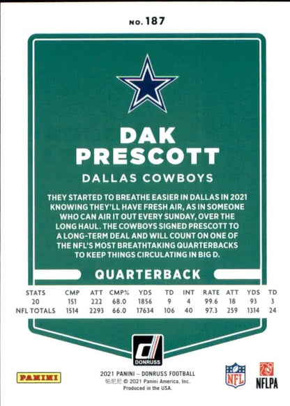 2021 Panini Donruss Dak Prescott Blue Dallas Cowboys NFL Football Card #187