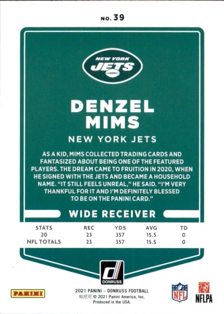 Denzel Mims Blue Football Card from 2021 Panini Donruss New York Giants NFL #39