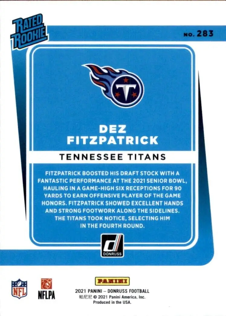 Des Fitzpatrick Rookie Football Card from 2021 Panini Donruss for Tennessee Titans